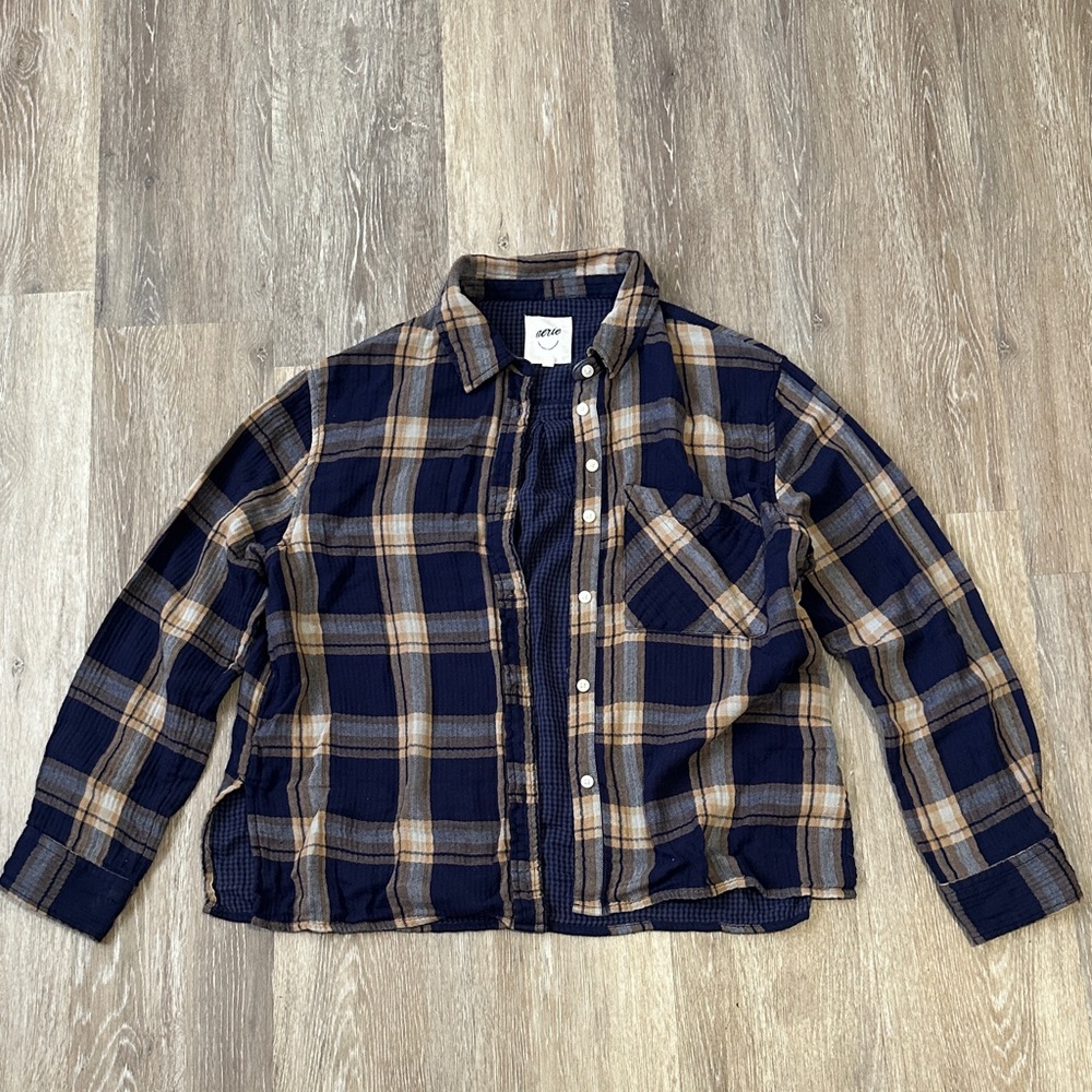 American Eagle Outfitters Navy and Tan Plaid Shirt